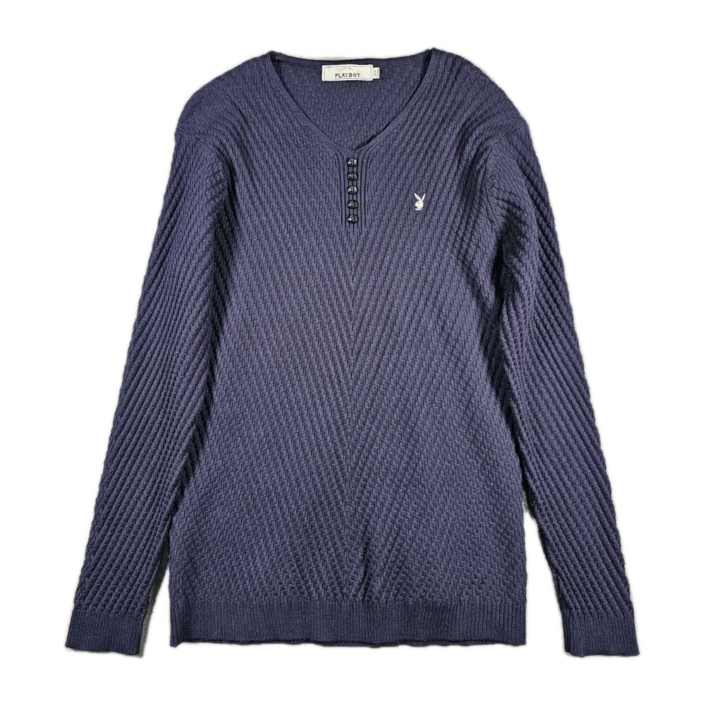 Playboy Men's Navy Wool Blend Cable Knit Henley Sweater Embroidered Logo Small